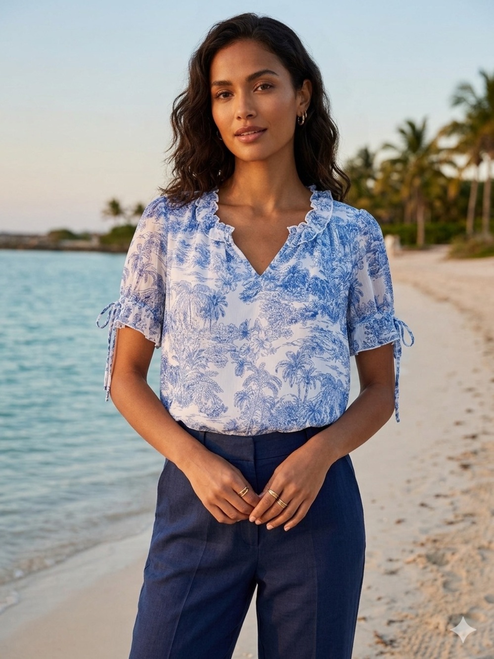 Blue Toile Ruffle V-Neck Blouse - Women